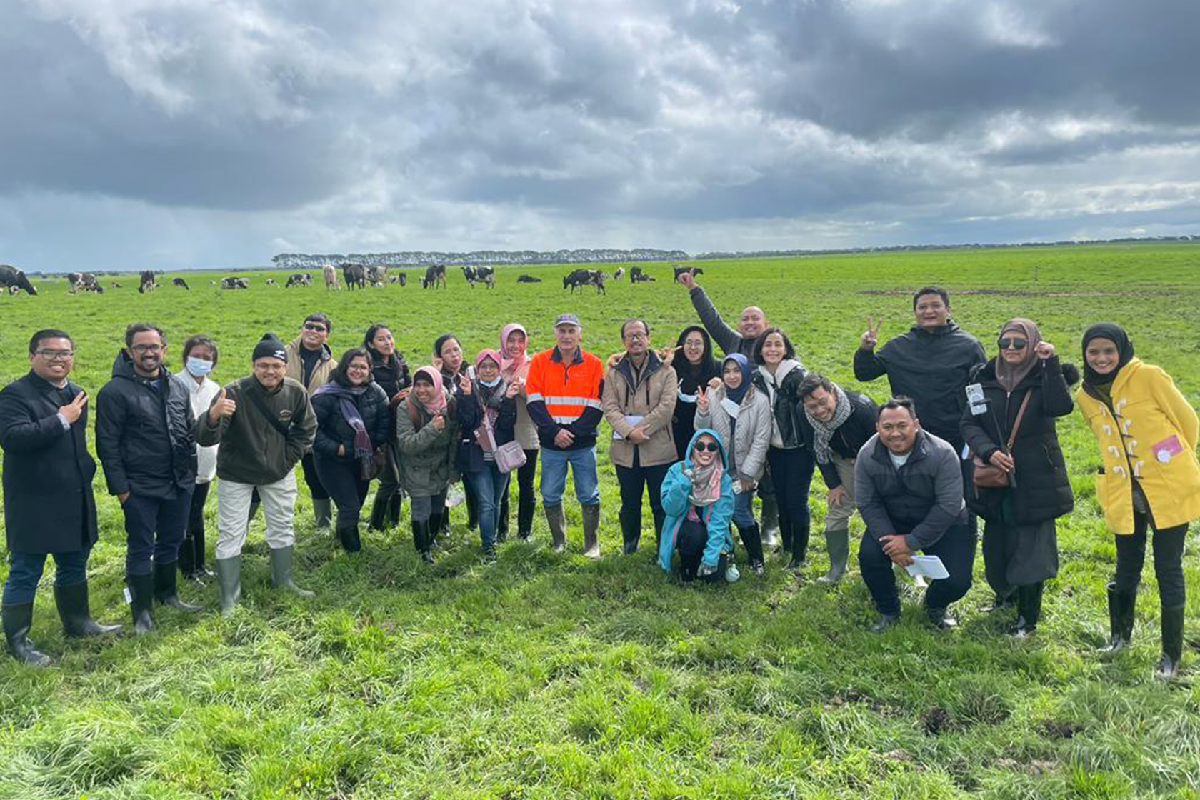 The participants of the Sustainable Agri-Food System took a group photo on a pasture with the cattle in the background.