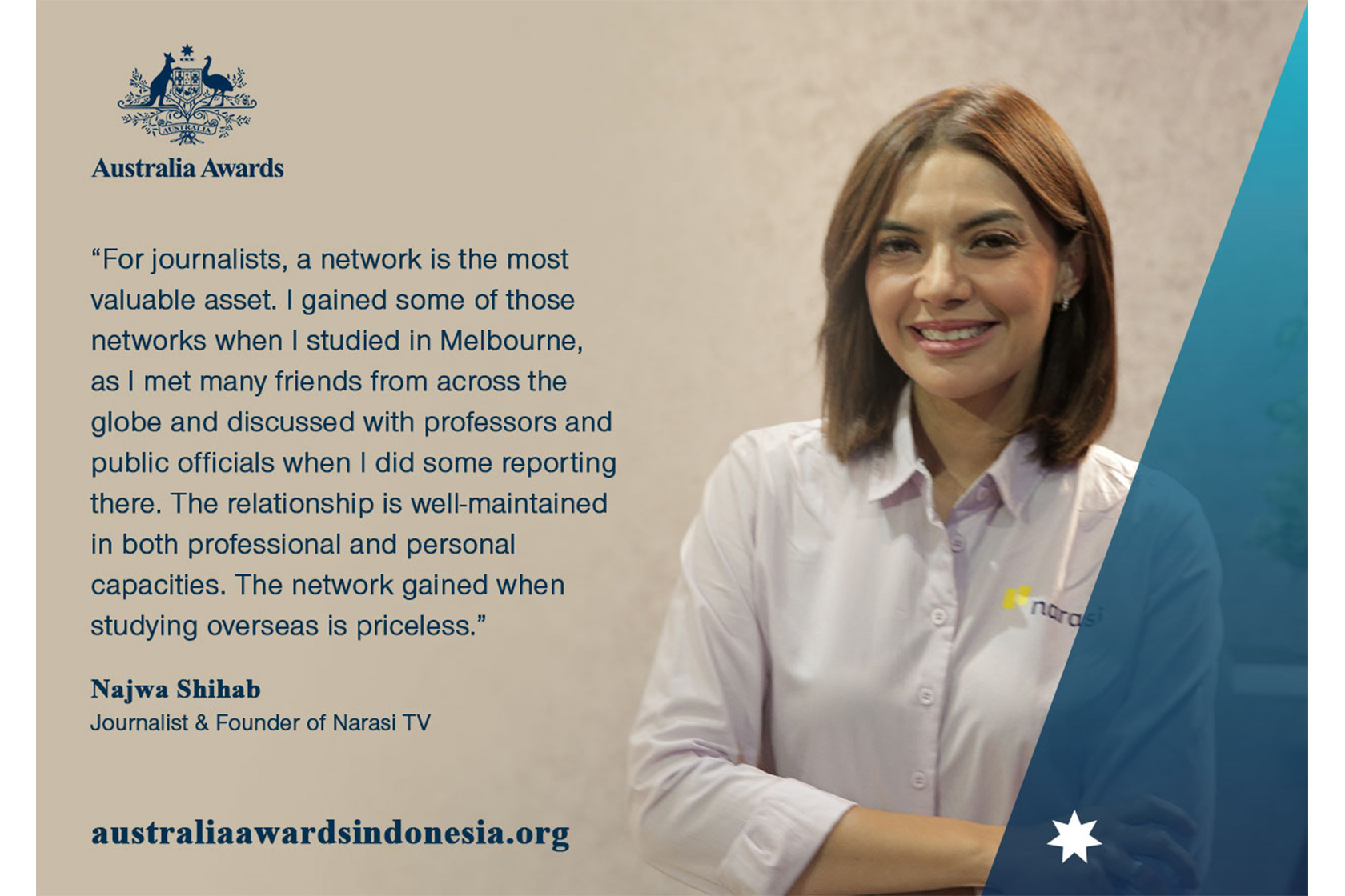 A testimonial from Najwa Shihab about her experience studying and living in Australia