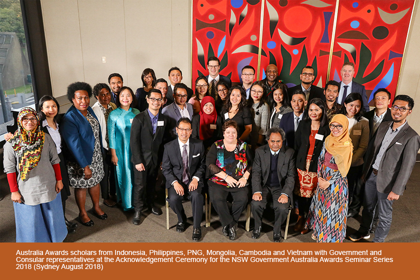 Australia Awards scholars from Indonesia, Philippines, PNG, Mongolia, Cambodia and Vietnam with Government and Consular representatives at the Acknowledgement Ceremony for the NSW Government Australia Awards Seminar Series 2018 (Sydney August 2018)