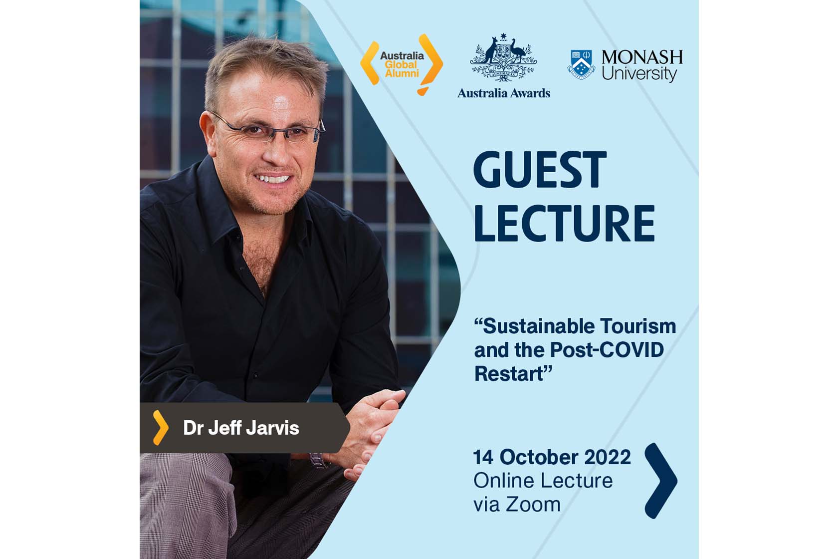 A poster featuring Dr Jeff Jarvis informs about the upcoming Guest Lecture titled Sustainable Tourism and the Post-COVID Restart.