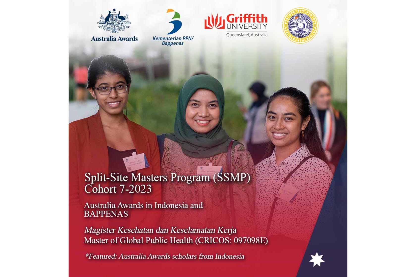 Poster featuring Australia Awards scholars from Indonesia, smiling and inviting Indonesian civil servants to apply for the Split-site Masters Program.